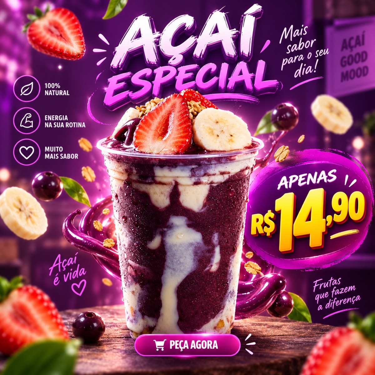 Arte promocional colorida para um copo de açaí